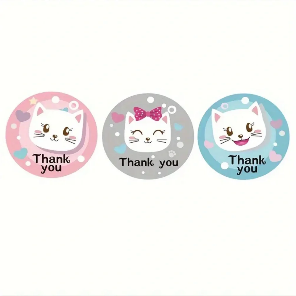 Roll of 500 Cute White Kitty Cat Round Thank You Stickers